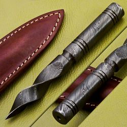 handmade damascus tri dagger knife spiral kris blade hunting knife with sheath