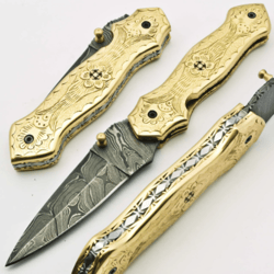 8" pocket folding knife custom hunting knife handmade damascus steel knife