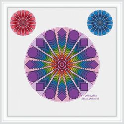 Cross stitch pattern mandala geometric ornament rainbow monochrome blue red abstract napkin pillow counted crossstitch