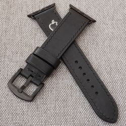For Apple watch Black strap, genuine leather, handmade, Series 8/7/6/SE/5/4/3/2/1