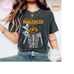 comfort color coffee skeleton shirt, long live halloween shirt, skull halloween tee, skeleton pumpkin halloween shirt, h