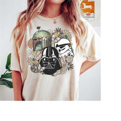 vintage floral star war shirt, comfort color star war helmet, star war floral shirt,darth vader, stormtrooper, boba fett