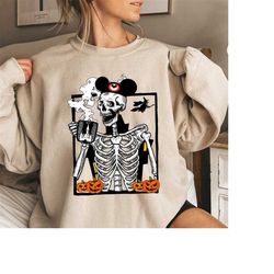 disney pumpkin skeleton drinking coffee sweatshirt, funny halloween t shirt, skeleton coffee lover shirts, pumpkin shirt