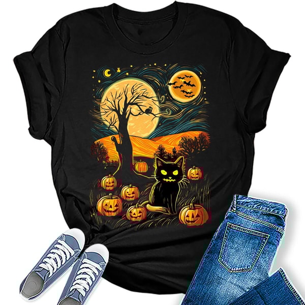 Womens Black Starry Cat T-Shirt.jpg