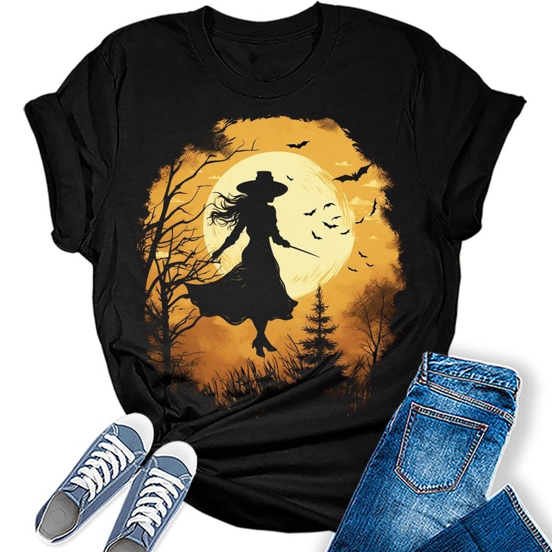 Womens Halloween Flying Witch T-Shirt.jpg