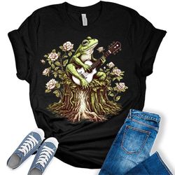 cottagecore frog playing guitar floral t-shirt