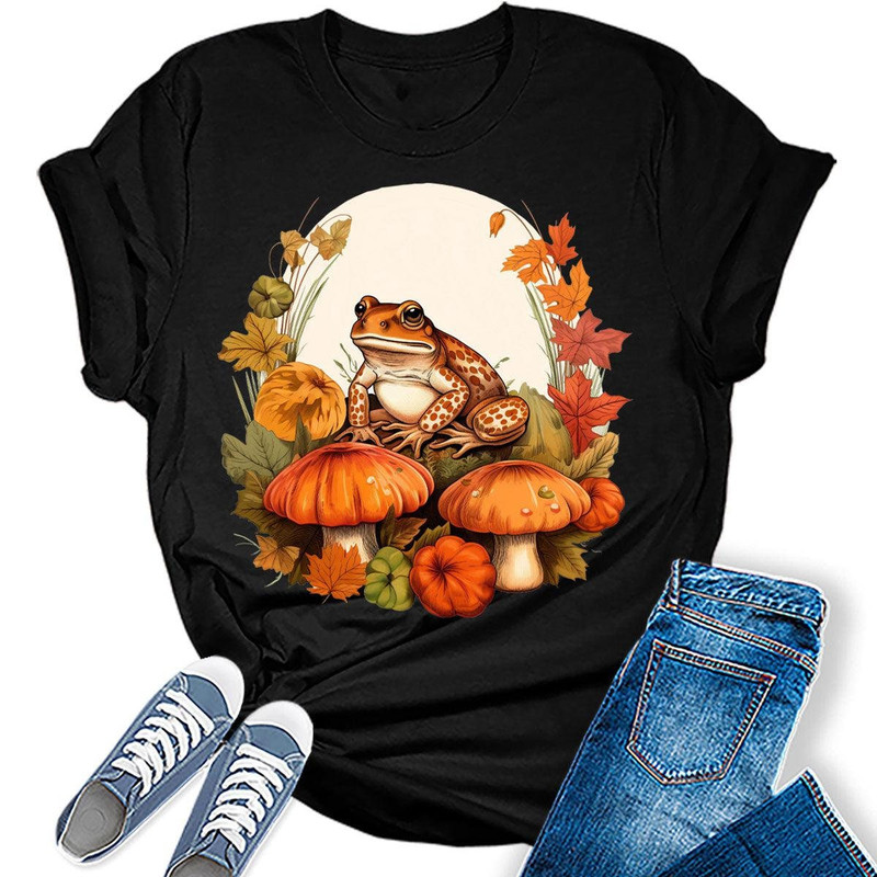 Womens Fall Cottagecore Frog On A Mushroom T-Shirt.jpg