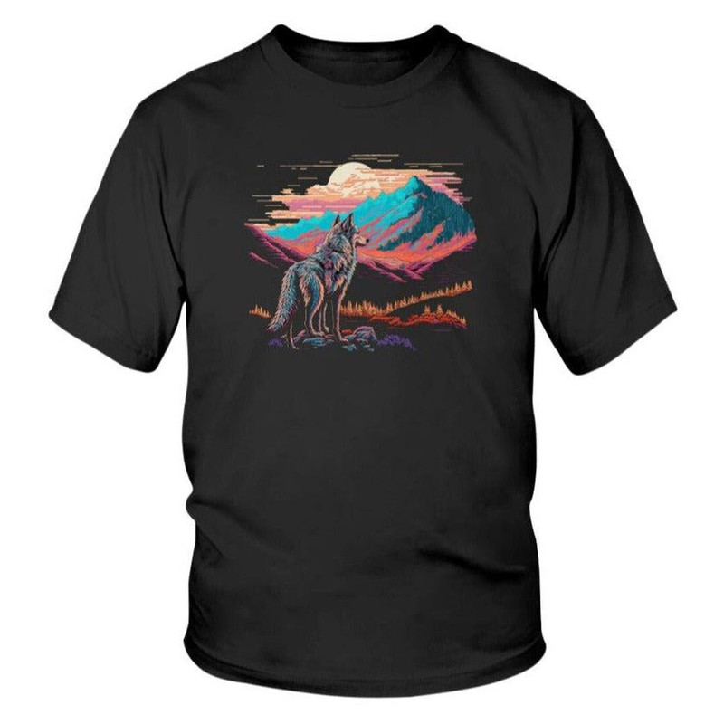 Mountain Wolf Shirt Trippy Pixel Art Youth Graphic Tee.jpg