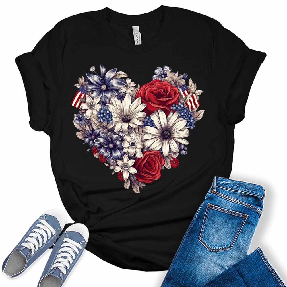 American Flag Floral Heart Women's 4th Of July Graphic Tee.jpg