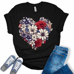 american flag floral heart women's 4th of july graphic tee