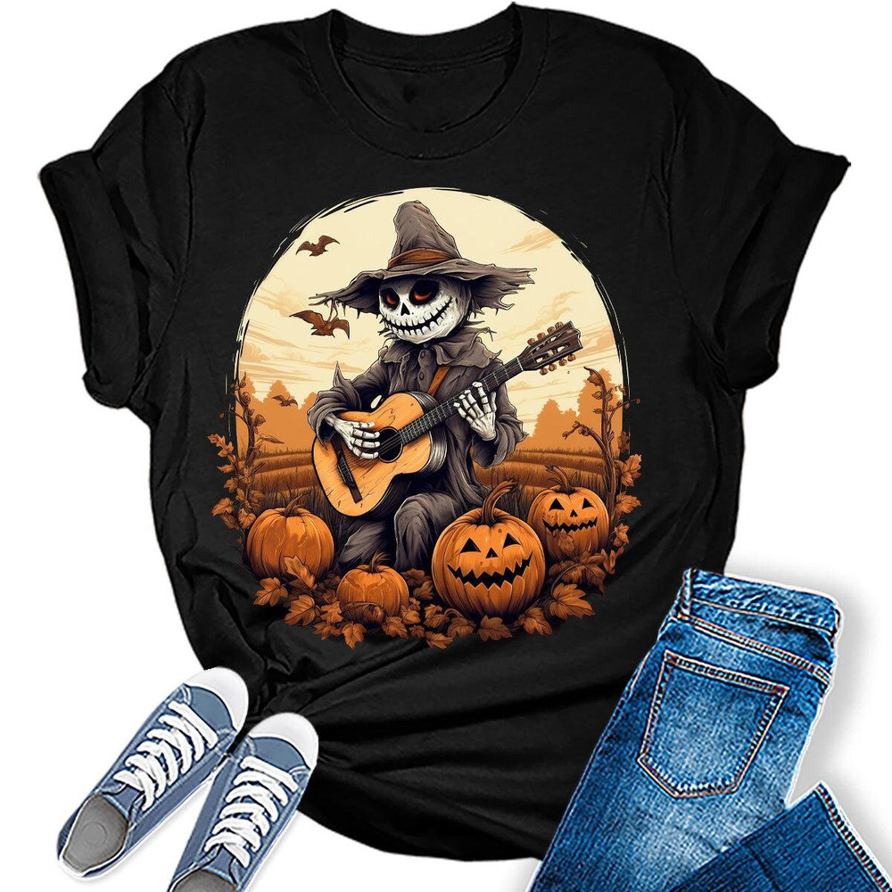 Womens Scarecrow Playing Guitar In A Pumpkin Patch T-Shirt.jpg