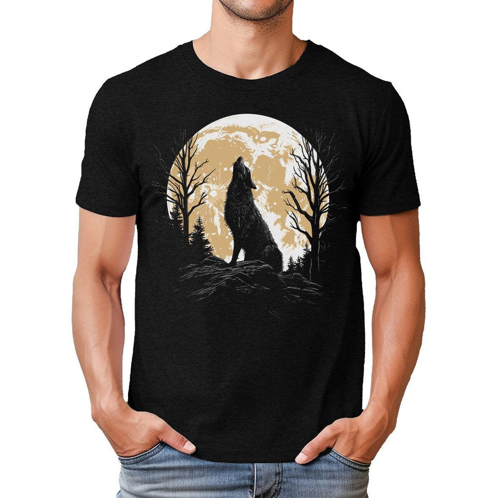Mens Howling Wolf Shirt Graphic Tee Short Sleeve Fall Tshirt.jpg