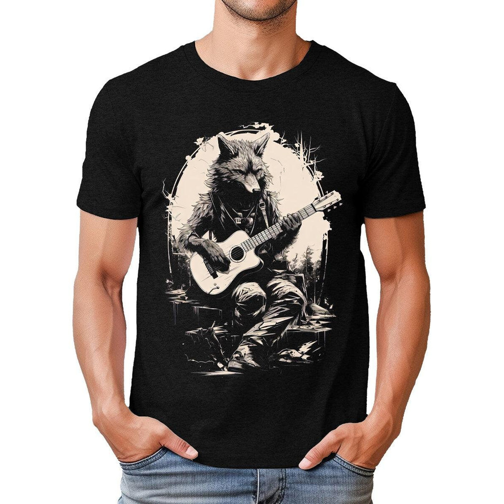 Wolf Playing Guitar Mens Graphic Tee Premium Short Sleeve Shirt.jpg