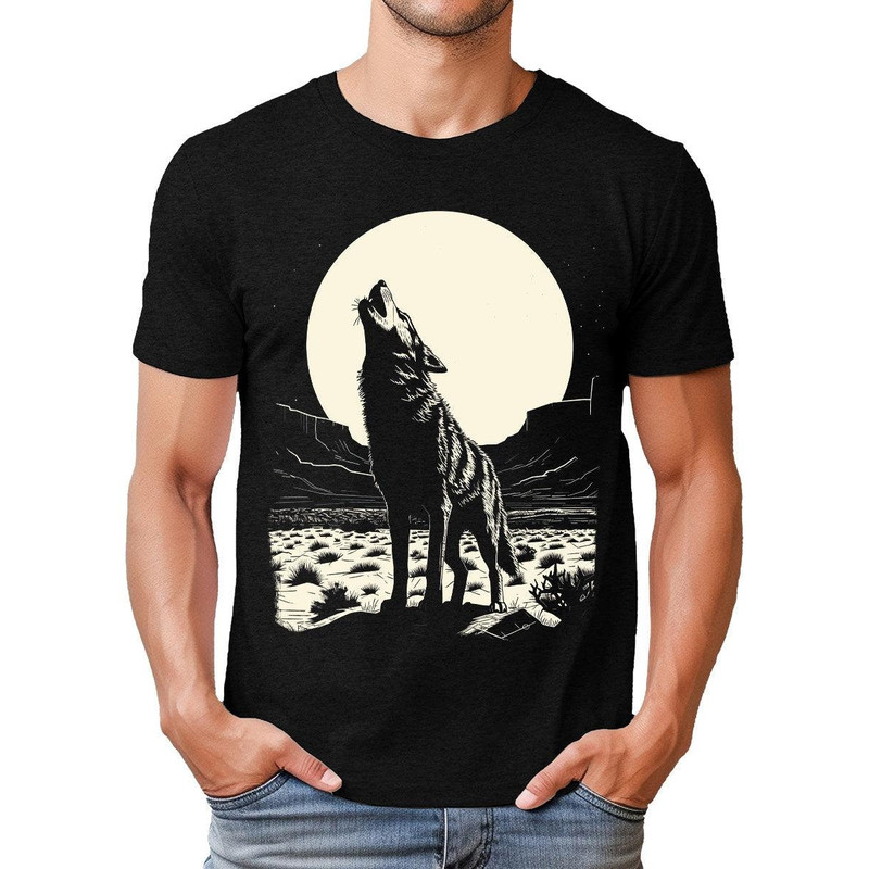 Full Moon Desert Wolf Mens Graphic Tee Premium Short Sleeve Shirt.jpg