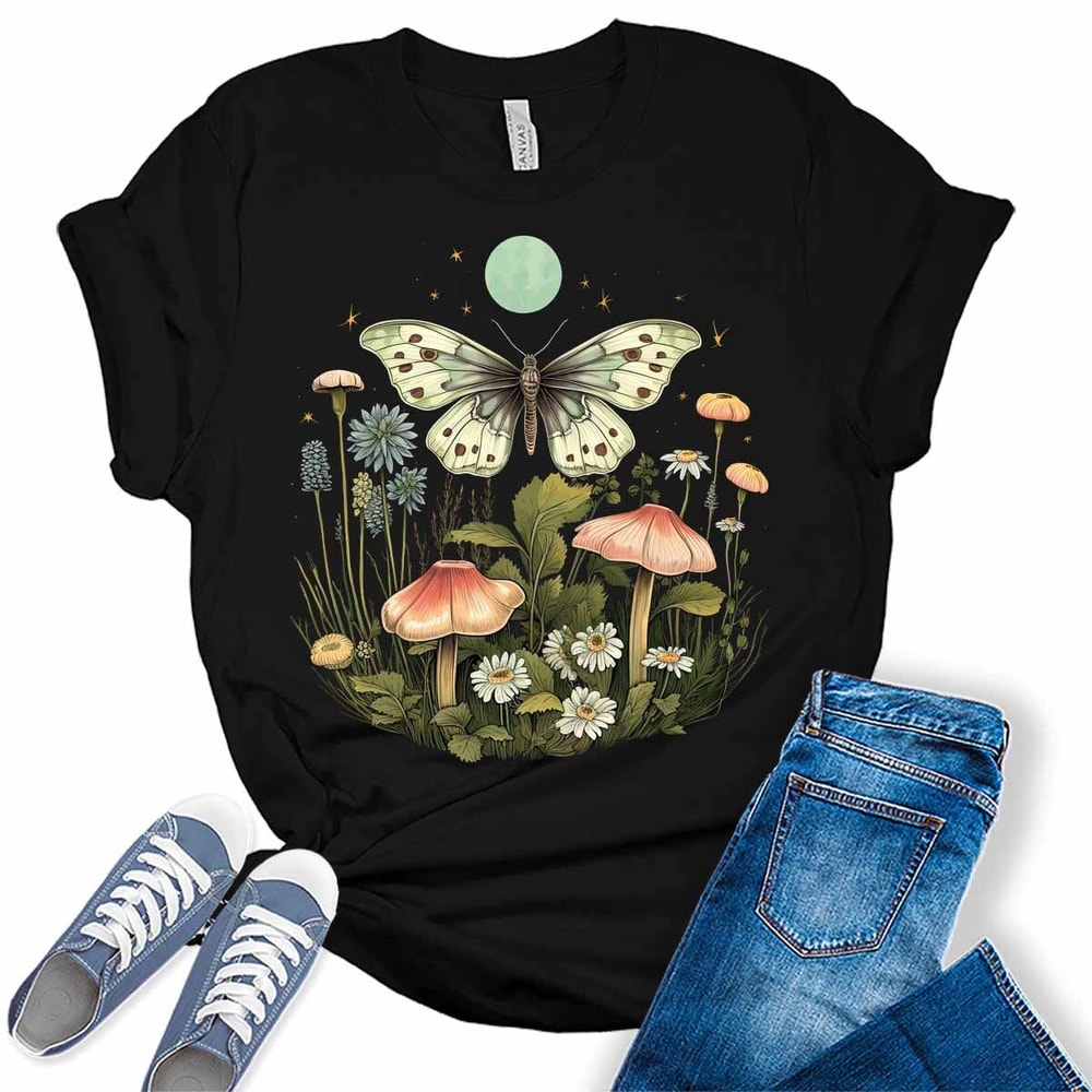 Aesthetic Cottagecore Moth Moon Mushroom Floral Women's Graphic Tee.jpg