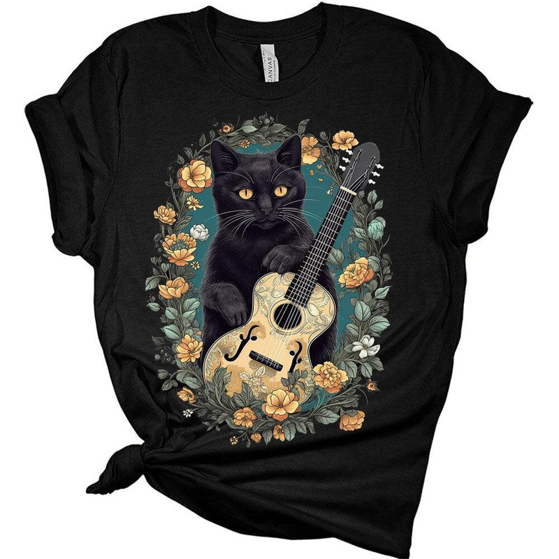 Cat Playing Guitar Shirt Womens Cottagecore Aesthetic Floral T-Shirt.jpg
