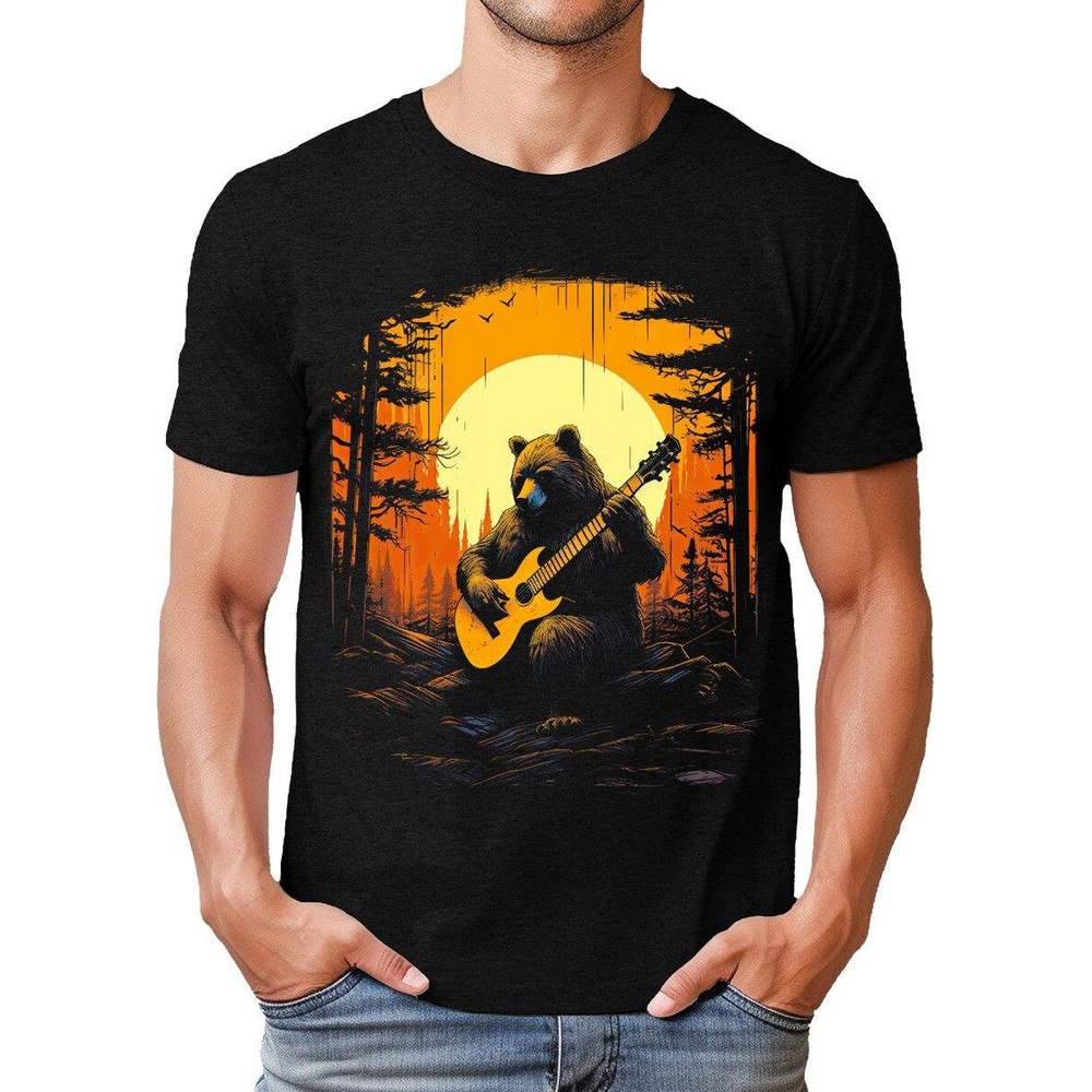 Bear Guitar Forest Sunset Mens Graphic Tee Premium Short Sleeve Shirt.jpg