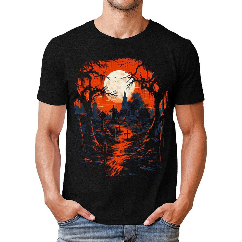 Haunted Graveyard Halloween Mens Graphic Tee Premium Short Sleeve Shirt.jpg