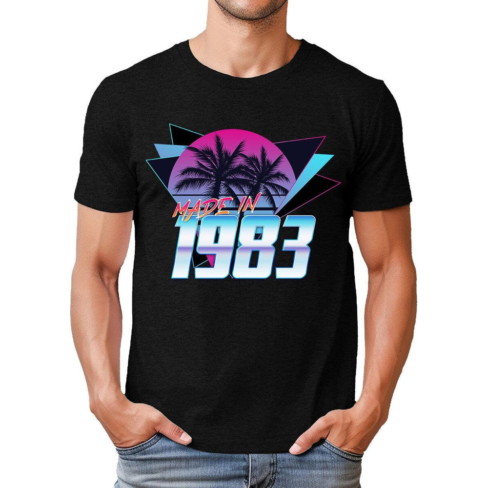 Mens Made In 1983 Birthday Graphic Tee Retro Palm Tree Short Sleeve Shirt.jpg