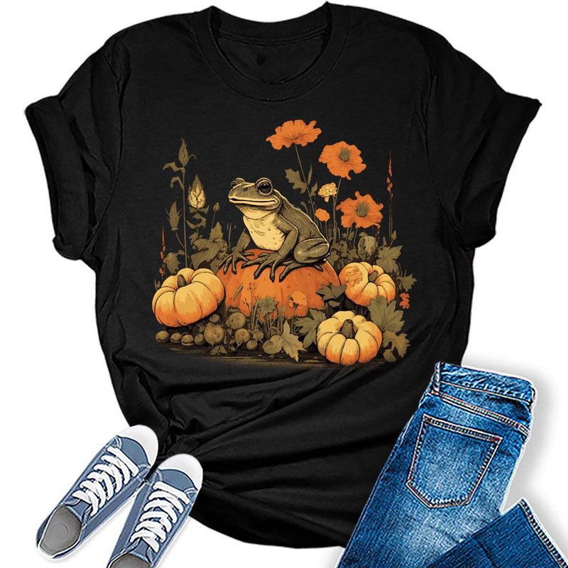 Frog Shirts Womens Fall Graphic T Shirts Cottagecore Short Sleeve Teen Girls Flower Tops.jpg