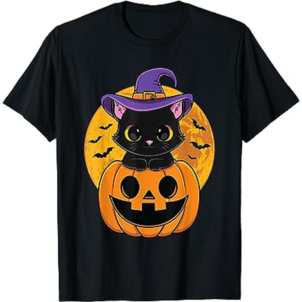 Halloween Black Cat Witch Hat Pumpkin For Kids Girls T-Shirt.jpg