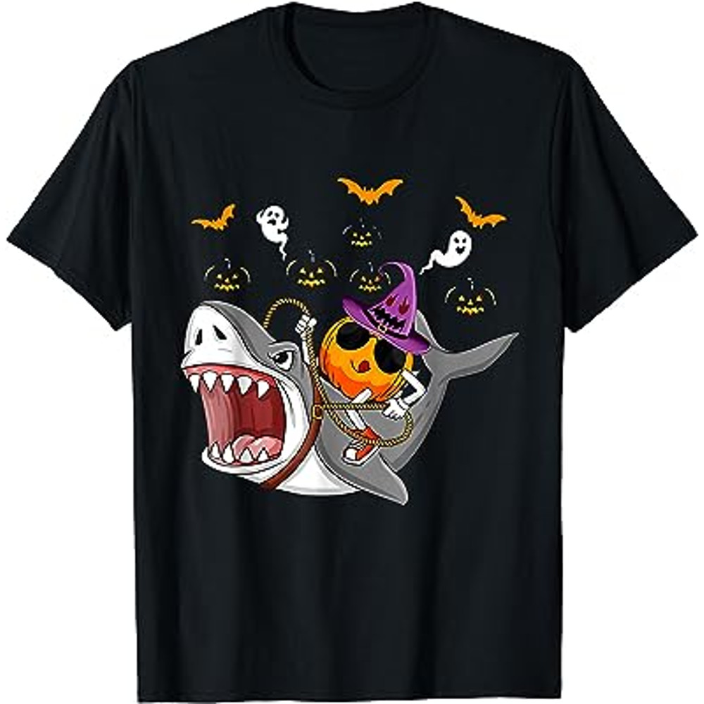 Halloween Pumpkin Riding Shark Funny Halloween Costume T-Shirt.jpg