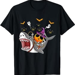 halloween pumpkin riding shark funny halloween costume t-shirt