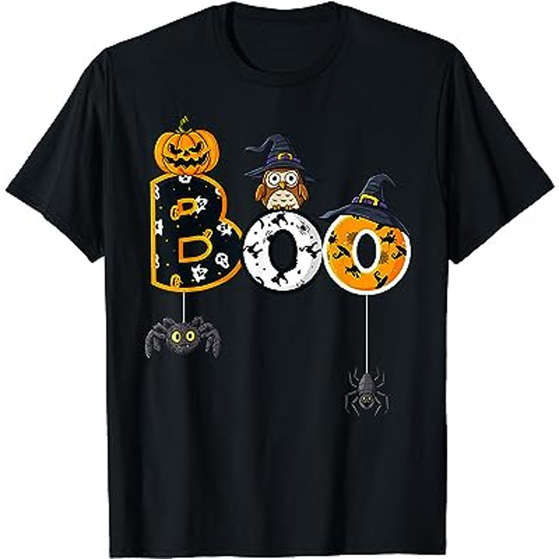 Halloween Boo Owl With Witch Hat Spiders Boys Girls Kids T-Shirt.jpg