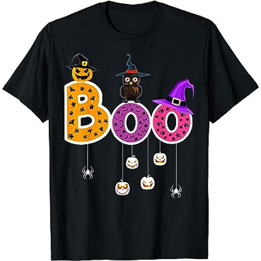 Boo Halloween Costume Spiders, Ghosts, Pumkin & Witch Hat T-Shirt.jpg