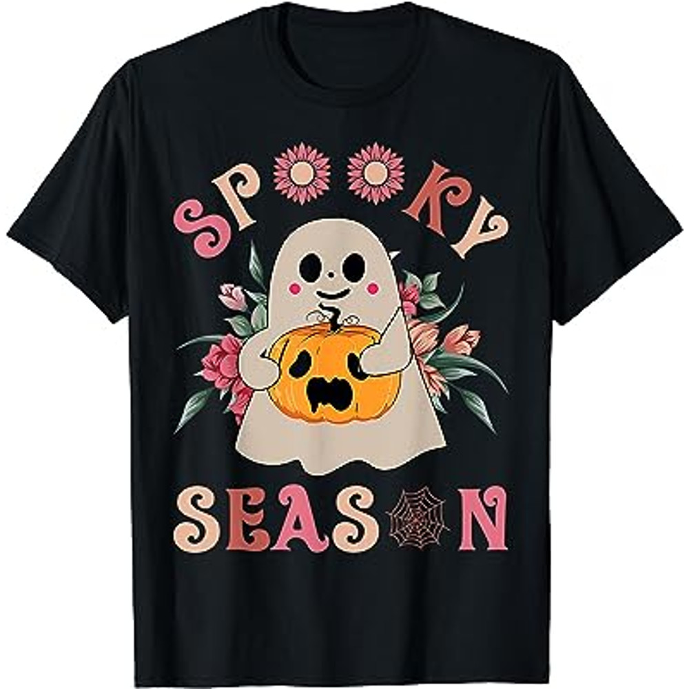 Groovy Spooky Season Cute Ghost Holding Pumpkin Halloween T-Shirt.jpg