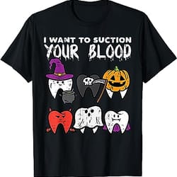halloween dentist suction your blood dental costume women t-shirt