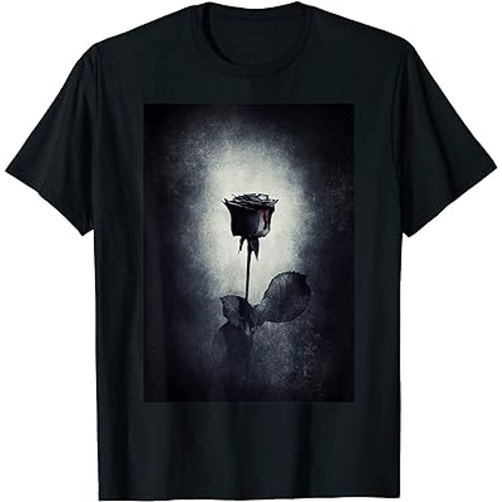 Gothic Black Blood Bleeding Rose Black And White T-Shirt.jpg