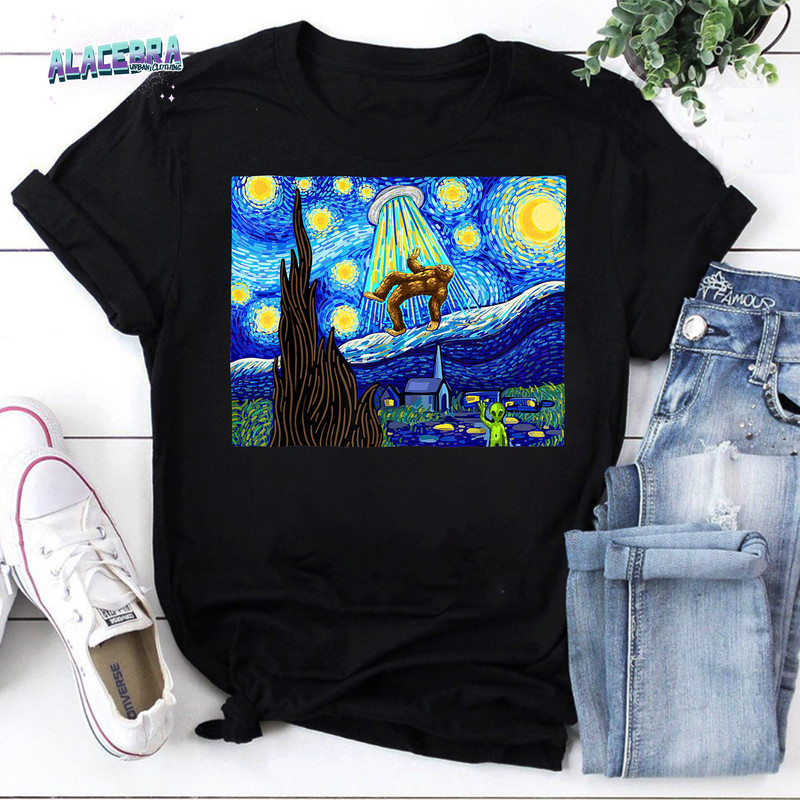 Funny Starry Night Vintage T-Shirt, Funny Bigfoot T-Shirt, Big foot Alien Tee, Funny Bigfoot Starry Night Shirt, Van Gogh Shirt.jpg