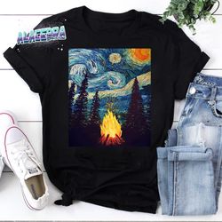 campfire starry night art vintage t-shirt, van gogh starry night shirt, starry night gift shirt, camping fire starry nig