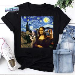 mona lisa scream and selfie starry night van gogh vintage t-shirt, starry night shirt, mona lisa shirt, funny mona lisa