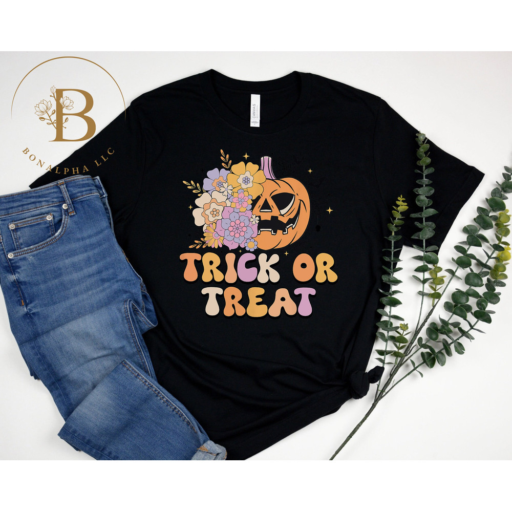 Funny Trick Or Treat Pumpkin Flowers Halloween Spooky Fall T-Shirt, Fall Shirt, Pumpkin Shirt, Retro Halloween Shirt, Hippie Halloween Shirt.jpg