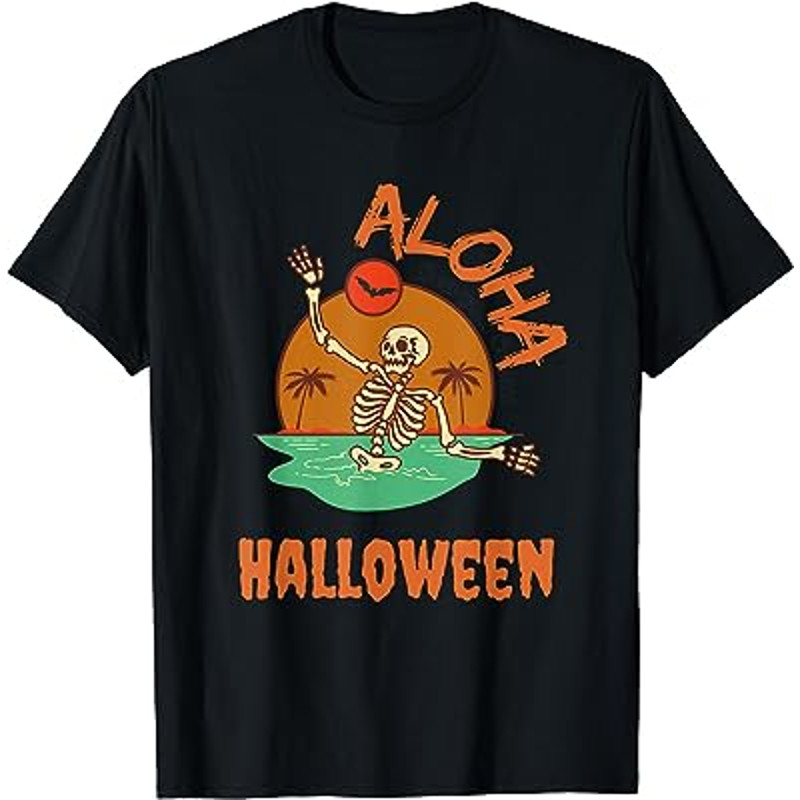 Aloha Hawaii Halloween Happy Skeleton on Beach w Palm Trees T-Shirt.jpg