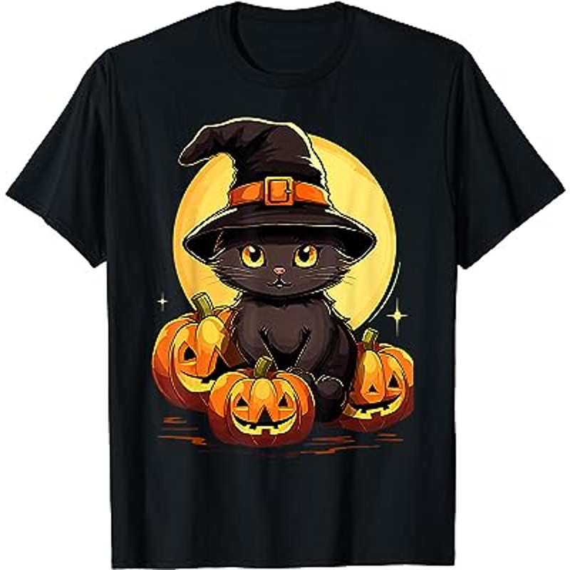 Scary Black Cat Witch Hat Pumpkin Vintage Halloween Costume T-Shirt.jpg