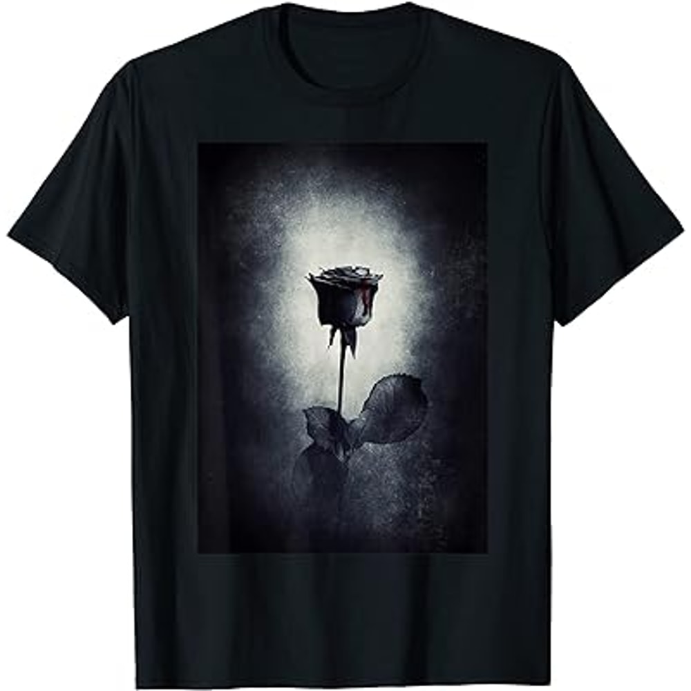 Gothic Black Blood Bleeding Rose Black And White T-Shirt.jpg