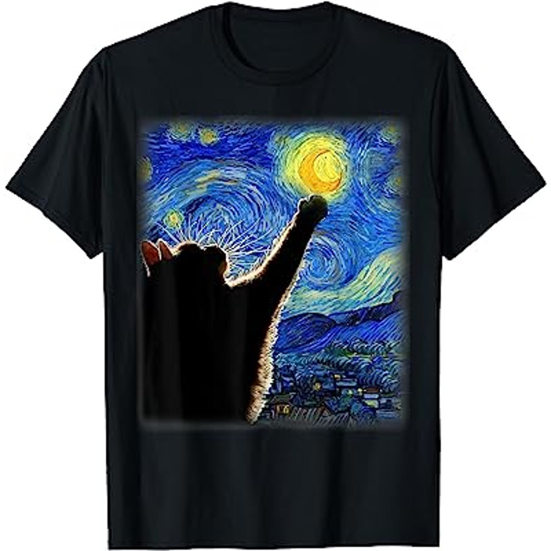 Van Gogh Starry Night Cat T-Shirt - Classic Fit, Cat Lover Mom Dad Gift, Black Crew.jpg