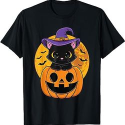 halloween black cat witch hat pumpkin for kids girls t-shirt