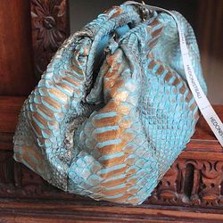 Genuine python skin blue pouch bag | exotic leather bags | medium size soft clutch | green designer bag | gift for her