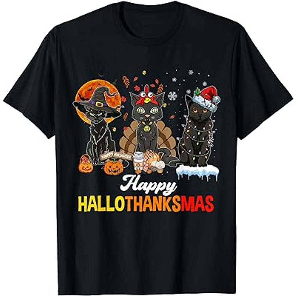 Black Cats Halloween Merry Christmas Happy Hallothanksmas T-Shirt.jpg