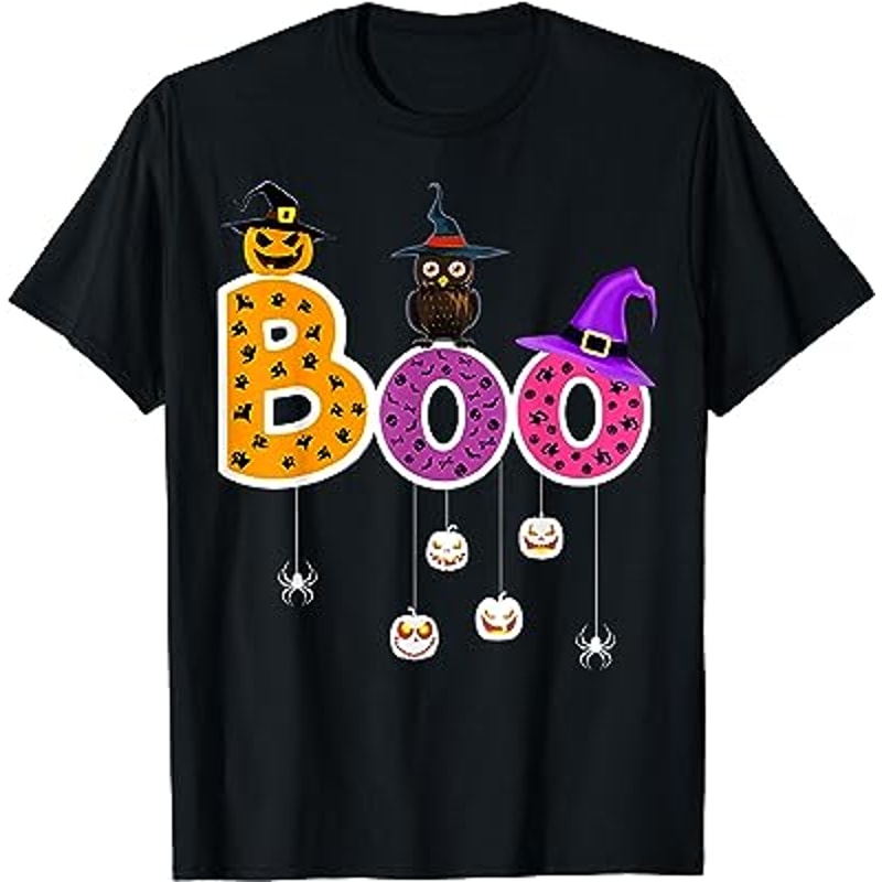 Boo Halloween Costume Spiders, Ghosts, Pumkin & Witch Hat T-Shirt.jpg