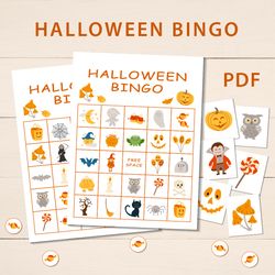 Halloween Bingo game: 30 Unique Player cards, 45 Calling cards and markers in PDF. Just print and play!