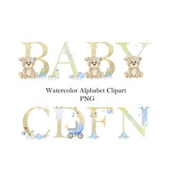Watercolor baby boy, teddy bear, letters, baby alphabet, birthday numbers, clipart abc, png.