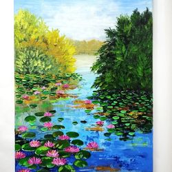 Lotuses on the pond landscape textured acrylic painting