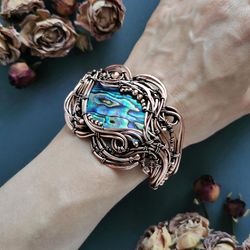Abalone shell bracelet cuff, Wide adjustable copper wire wrap bracelet, Fantasy bangle,  7th Anniversary gift for wife