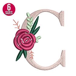 floral alphabet c letter embroidery design, machine embroidery pattern, instant download