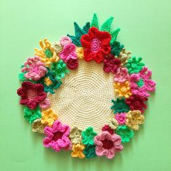 Decorative crocheted napkin, multi-colored round napkin with flowers, gift for mom, decor for kitchen, servin doily
